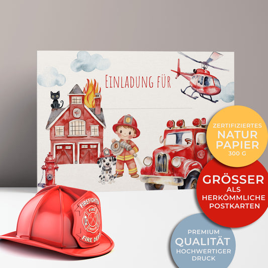 Einladungen zum Kindergeburtstag, mit Feuerwehrauto, Kleiner Junge als Feuerwehrmann, Feuerwache, Löschhubschrauber und kleine, Dalmatiner