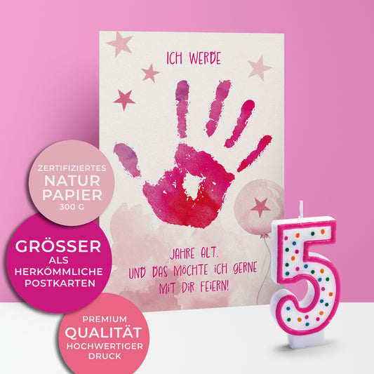 Einladungskarten zum Kindergeburtstag, Ich werde 5 Jahre alt, Kinderhandabdruck in Pink mit rosafarbenen Sternen und einem Luftballon