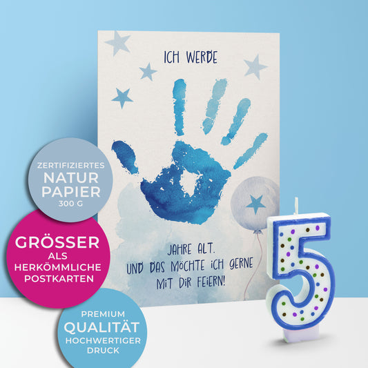 Einladungskarten zum Kindergeburtstag, Ich werde 5 Jahre alt, Kinderhandabdruck in Blau mit hellblauen Sternen und einem Luftballon