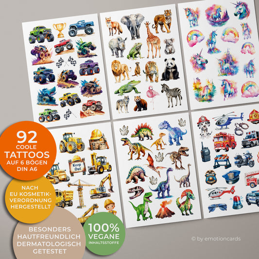 92 tolle hautfreundliche Tattoos für Kinder | 6 verschiedene Themen | vegan gedruckt | dermatologisch getestet