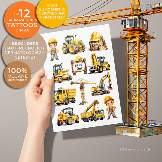 Dieses Bild zeigt ein Set von 12 Kindertattoos mit dem Thema Baumaschinen. Im farbenfrohen Aquarellstil illustrierte Tattoos. Darauf abgebildet sind verschiedene Baufahrzeuge und Motive, unter anderem: Bagger, Kran, Betonmischer, Kipplaster, Bulldozer, Bauarbeiter mit Helm, Bauhelme
Das Design ist kindgerecht, liebevoll und detailreich illustriert – ideal für kleine Baustellen-Fans.