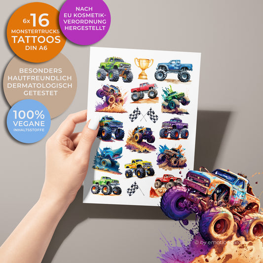 Auf dem Bild ist ein Bogen mit Kindertattoos zu sehen. Die Tattoos zeigen verschiedene bunte Monstertrucks in Action, teils mit aufspritzendem Matsch oder Staub. Die Monstertrucks sind in kräftigen Farben wie Grün, Blau, Lila, Rot und Gelb gehalten. Einige Trucks haben fantasievolle Designs, z. B. mit Haifisch-Elementen oder Flammen. Zwischen den Trucks befinden sich ergänzende Motive wie: Rennflaggen und ein goldener Pokal.