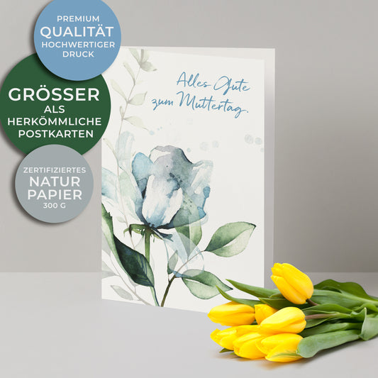 Muttertagskarte im Hochformat, Alles Gute zum Muttertag. Blaue Blume mit grünen Blättern, Aquarellzeichnung.
