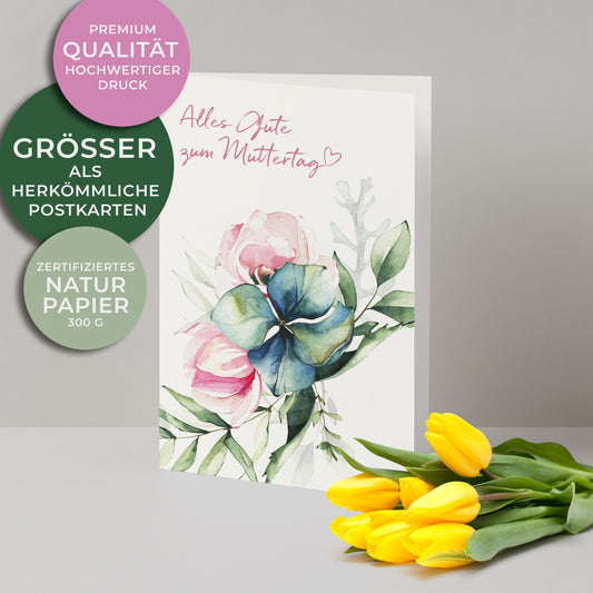 Muttertagskarte im Hochformat, Alles Gute zum Muttertag. Blaues Veilchen mit grünen Blättern und zwei rosafarbene Rosen, Aquarellzeichnung.