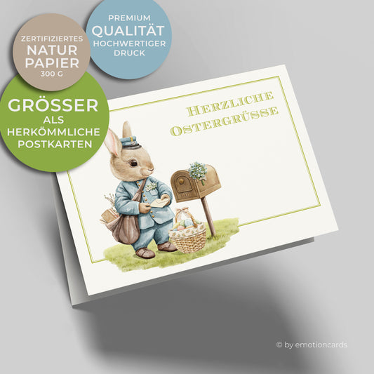 Süße Osterkarte mit feinem Doppelrahmen in Hellgrün, kleiner Osterhase als Briefträger bringt die Osterpost, brauner Briefkasten und kleiner Osterkorb mit Ostereiern