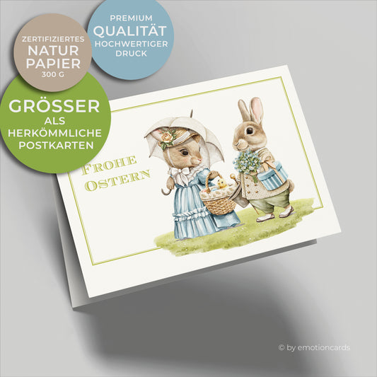 Süße Osterkarte mit Hasenpaar beim Spaziergang, Elegante Häsin mit Schirm und Korb, Hasen Gentleman mit Blumenstrauß, Stock und Zylinder