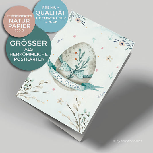 Osterkarte hochkant in Grün und Türkiser Farbe, Großes Osterei mit Grün-Türkiser Schleife.