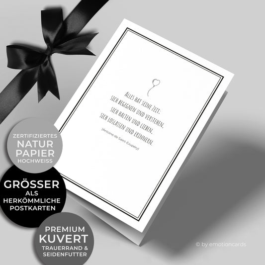 Emotionale Trauerkarte - Klappkarte im Hochformat - mit wunderschönem Zitat von Antoine de Saint-Exupéry. Feiner eleganter Doppelrahmen um würdevoll Abschied zu nehmen von einem geliebten Menschen.
