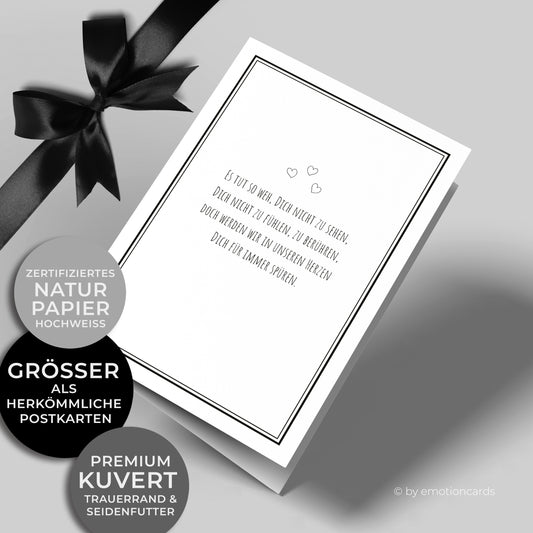 Emotionale Trauerkarte - Klappkarte im Hochformat - mit wunderschönem Zitat. Feiner eleganter Doppelrahmen und 3 kleine Herzchen um würdevoll Abschied zu nehmen von einem geliebten Menschen.