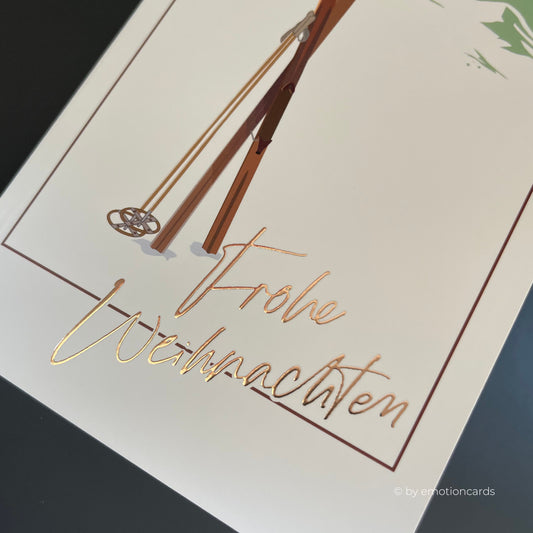 Retro Weihnachtskarte Heißfolie rosé | Skier Alpin-Style St. Moritz 70er