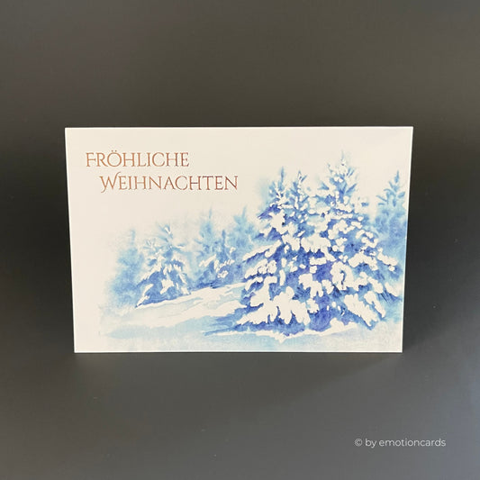 Weihnachtskarte Heißfolie rosé | Verschneiter Winterwald in blau