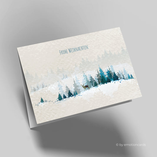 Weihnachtskarte | Aquarell Winterlandschaft mit Hirsch