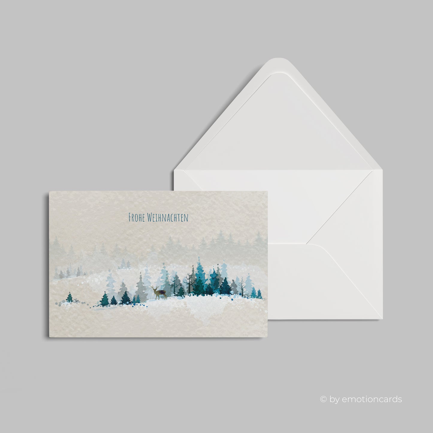 Weihnachtskarte | Aquarell Winterlandschaft mit Hirsch