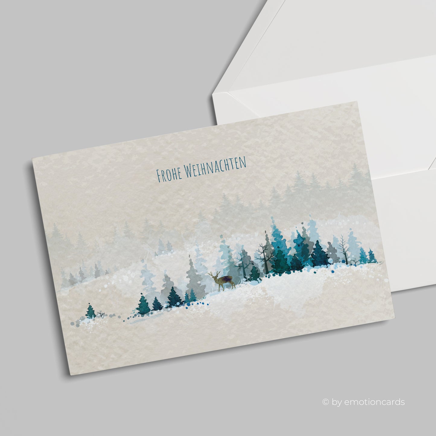 Weihnachtskarte | Aquarell Winterlandschaft mit Hirsch