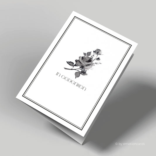 Emotionale Trauerkarte - Klappkarte im Hochformat - schwarzes Rosenaquarell - in Gedenken. Feiner eleganter Doppelrahmen um würdevoll Abschied zu nehmen von einem geliebten Menschen.