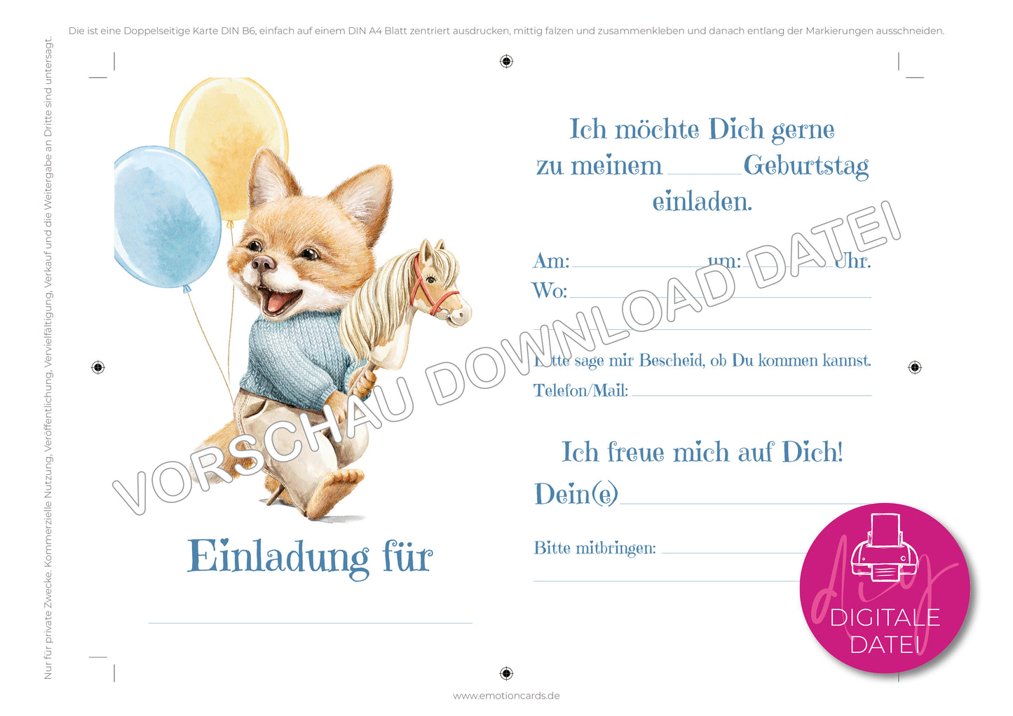 Einladung Kindergeburtstag zum Selbstdrucken | Babyfuchs auf Steckenpferd
