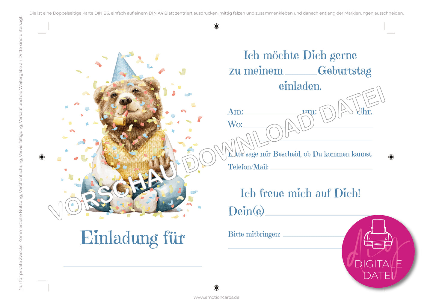 Einladung Kindergeburtstag zum Selbstdrucken | Partybär wirft Konfetti