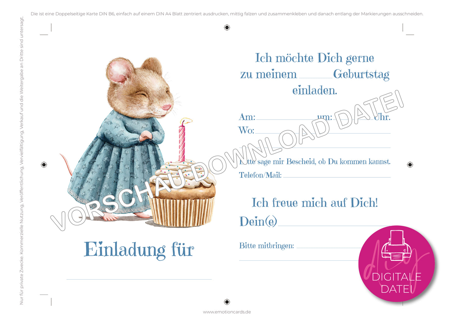 Einladung Kindergeburtstag zum Selbstdrucken | Partymaus bläst Kerze aus