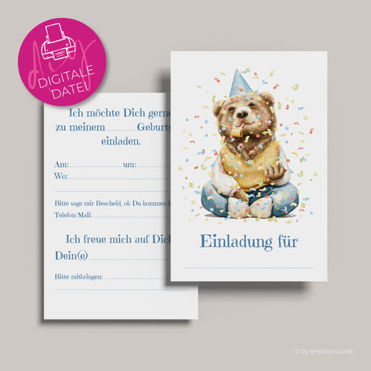 Einladung Kindergeburtstag zum Selbstdrucken | Partybär wirft Konfetti
