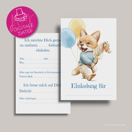 Einladung Kindergeburtstag zum Selbstdrucken | Babyfuchs auf Steckenpferd