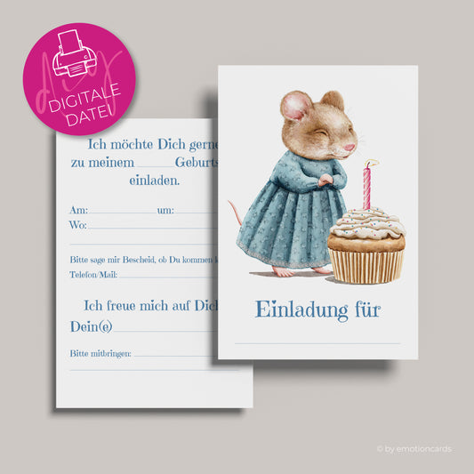 Einladung Kindergeburtstag zum Selbstdrucken | Partymaus bläst Kerze aus