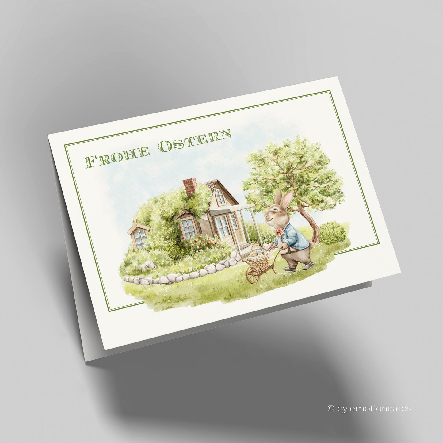 Niedliche Osterkarte (Klappkarte) | Hase mit Schubkarre im Garten | Premium-Karton | Inkl. Umschlag | Große Karte (115mm x 170mm)