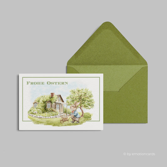 Niedliche Osterkarte (Klappkarte) | Hase mit Schubkarre im Garten | Premium-Karton | Inkl. Umschlag | Große Karte (115mm x 170mm)