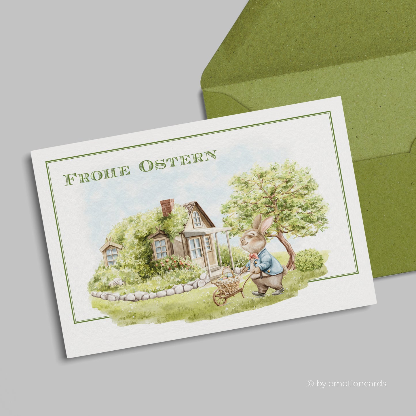 Niedliche Osterkarte (Klappkarte) | Hase mit Schubkarre im Garten | Premium-Karton | Inkl. Umschlag | Große Karte (115mm x 170mm)