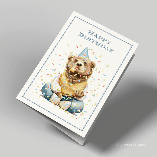 Geburtstagskarte | Happy Birthday | Partybär mit Hut wirft Konfetti