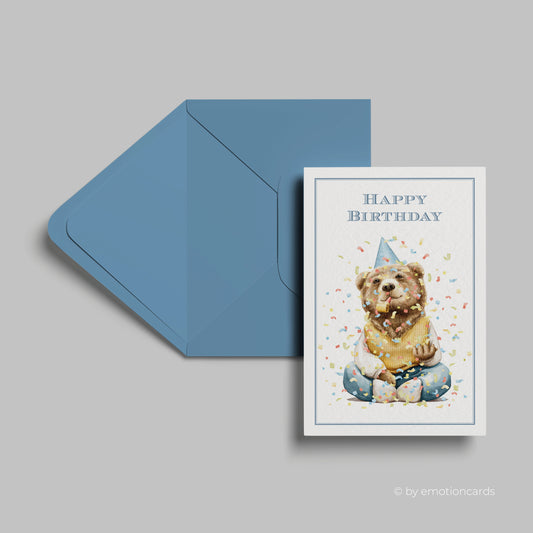 Geburtstagskarte | Happy Birthday | Partybär mit Hut wirft Konfetti