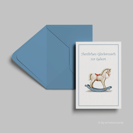 Geburtskarte | Antikes Schaukelpferd blau