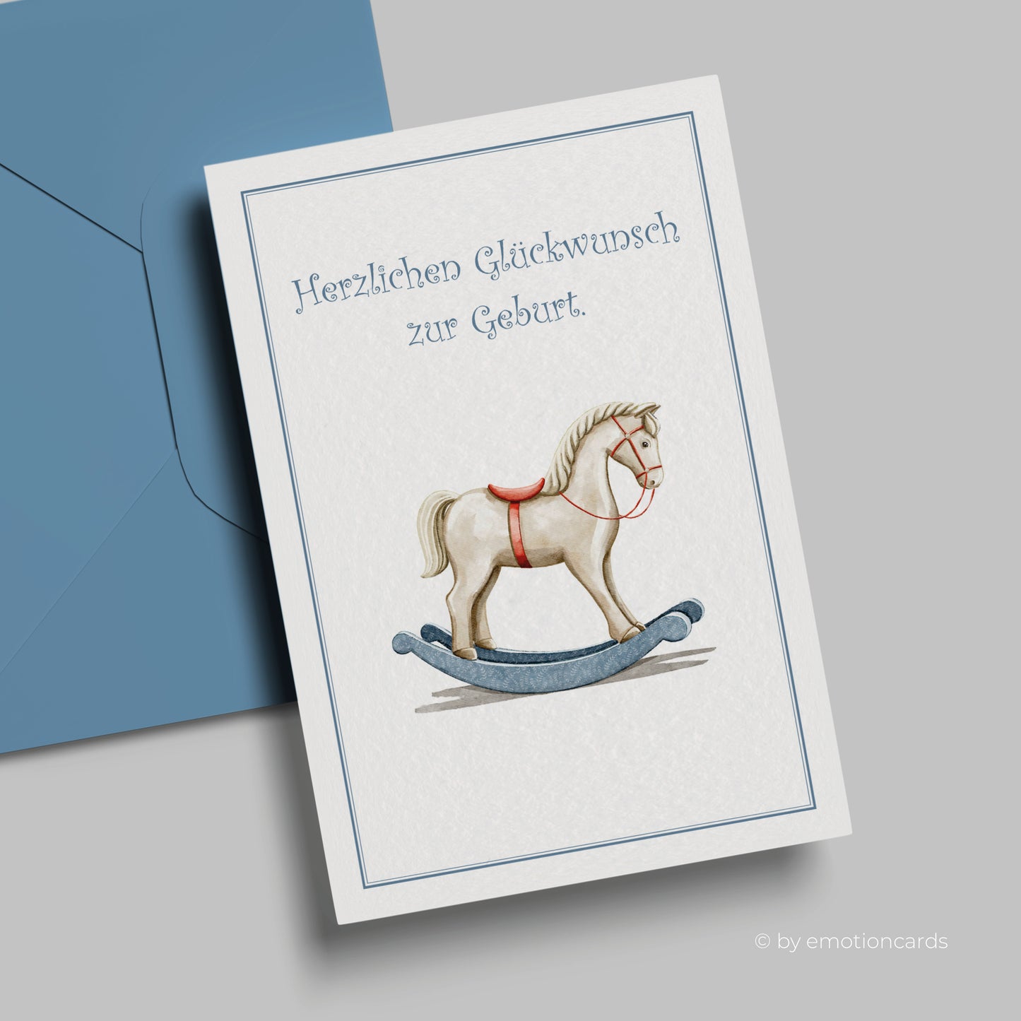 Geburtskarte | Antikes Schaukelpferd blau