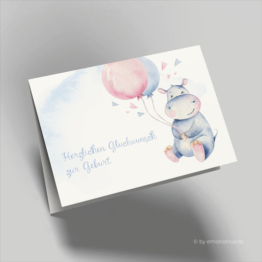 Geburtskarte | Happy Hippo mit zwei Ballons und Herzen