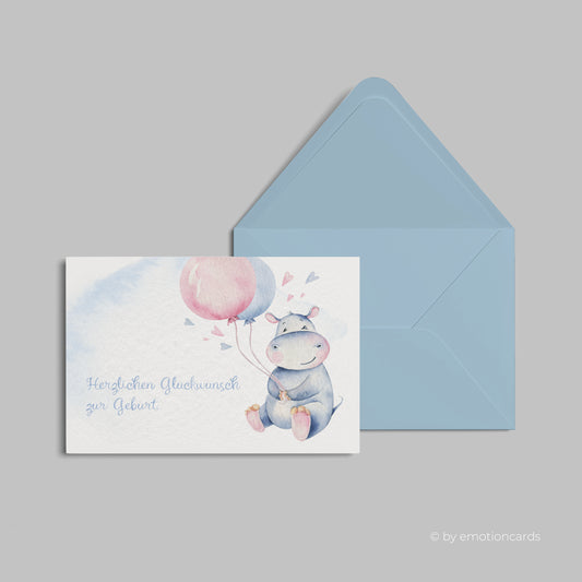 Geburtskarte | Happy Hippo mit zwei Ballons und Herzen