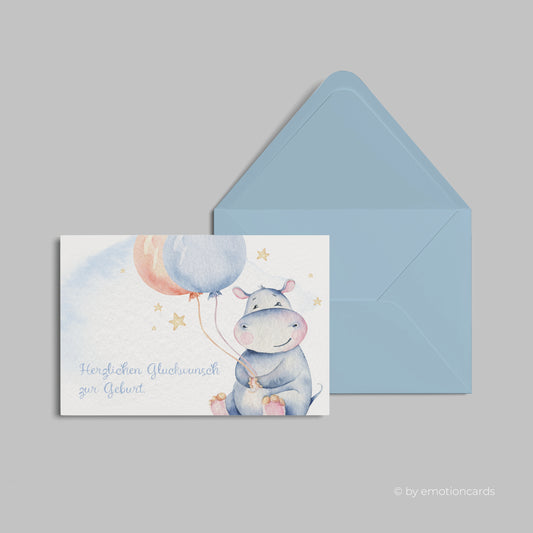 Geburtskarte | Happy Hippo mit zwei Ballons und Sternen