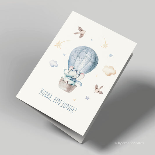 Geburtskarte | Elefant im Ballon - Hurra, ein Junge!
