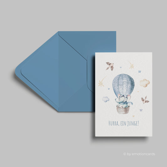 Geburtskarte | Elefant im Ballon - Hurra, ein Junge!