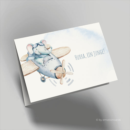 Geburtskarte | Elefant im Flieger - Hurra, ein Junge!