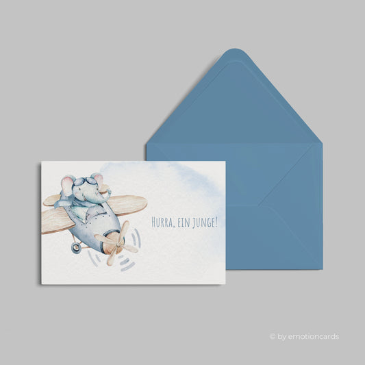 Geburtskarte | Elefant im Flieger - Hurra, ein Junge!