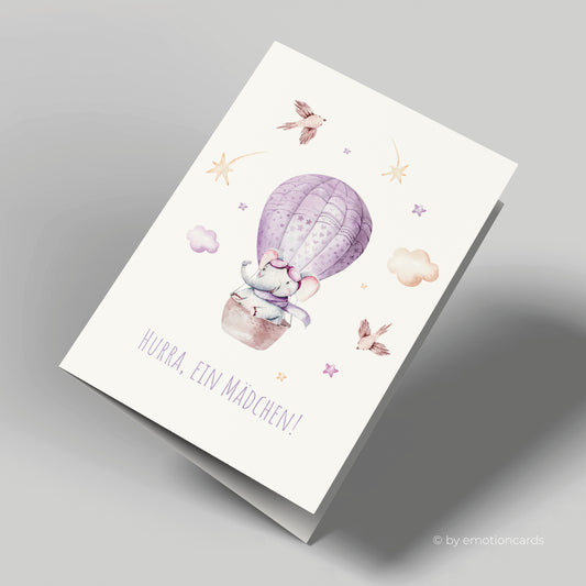 Geburtskarte | Elefant im Ballon - Hurra, ein Mädchen!