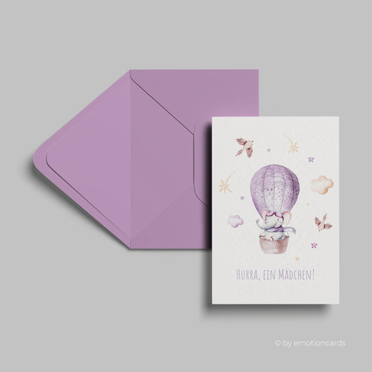Geburtskarte | Elefant im Ballon - Hurra, ein Mädchen!