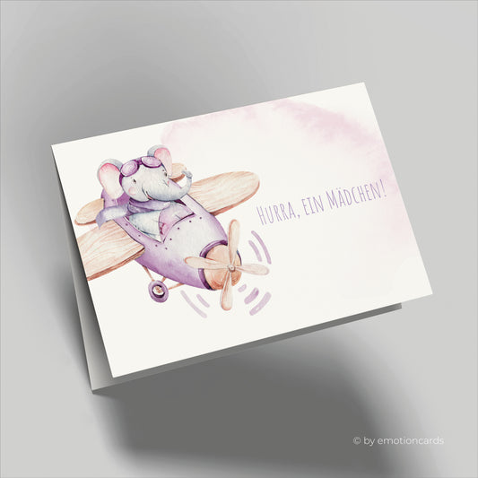 Geburtskarte | Elefant im Flieger - Hurra, ein Mädchen!