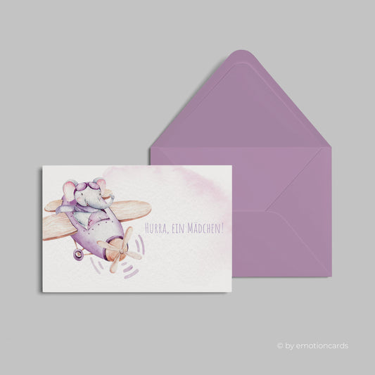 Geburtskarte | Elefant im Flieger - Hurra, ein Mädchen!