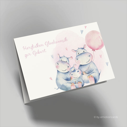 Geburtskarte | Happy Hippo Familie mit rosa Ballon