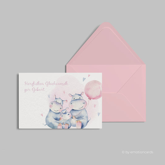 Geburtskarte | Happy Hippo Familie mit rosa Ballon