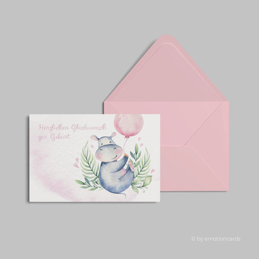 Geburtskarte | Happy Hippo mit rosa Ballon