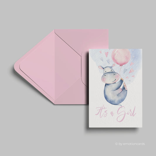 Geburtskarte | Happy Hippo mit Ballon | It´s a girl