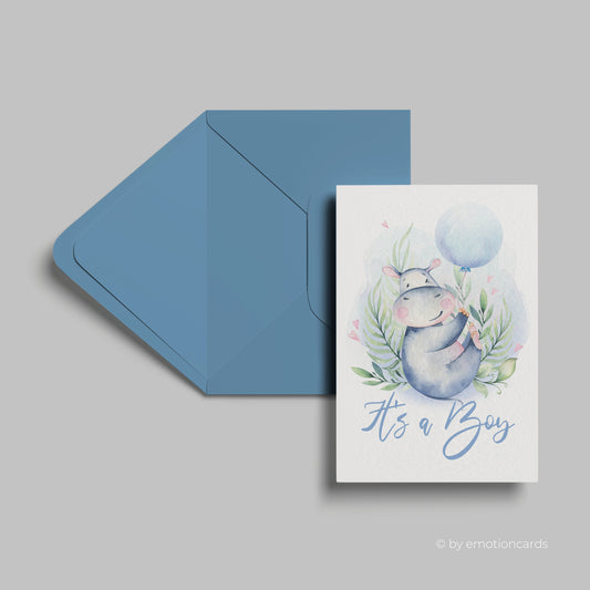 Geburtskarte | Happy Hippo mit Ballon | It´s a boy