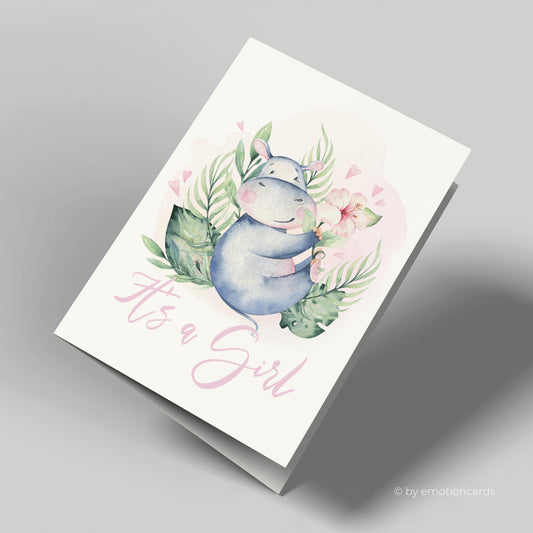 Geburtskarte | Happy Hippo mit Hibiscus | It´s a girl