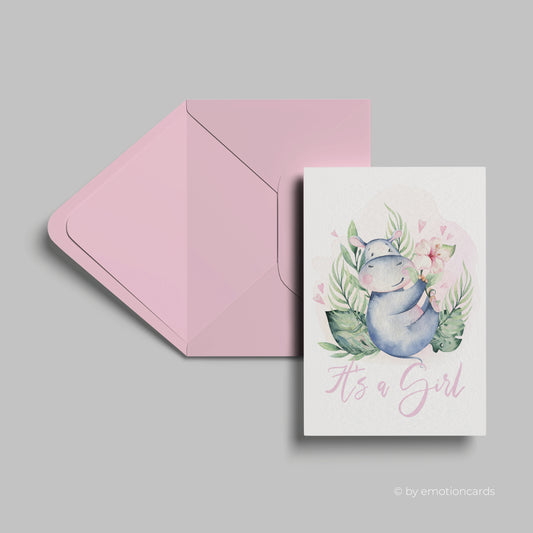 Geburtskarte | Happy Hippo mit Hibiscus | It´s a girl
